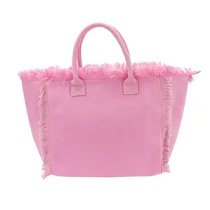 Vente en gros de sacs fourre-tout en toile multicolore avec poche zippée sac à main pour femmes sac de plage fourre-tout à franges grand sac fourre-tout en toile blanche