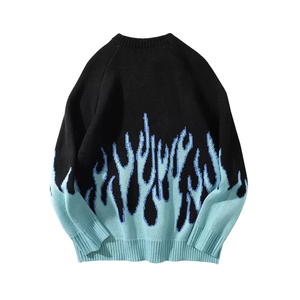 Pull à motif de flammes pour hommes Pull tricoté noir bleu Streetwear Casual Winter Warm Soft Fashion Trendy Cozy Outfit - Product Image 1