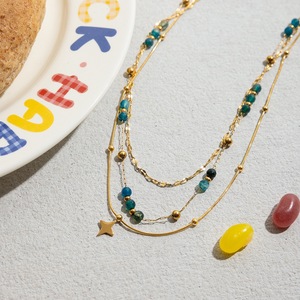 Collar de Acero Inoxidable Chapado en Oro de 18K, Joyería Hipoalergénica Impermeable, Colgante de Estrella de Piedra Natural Azul, Collar de Tres Capas - Product Image 4