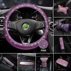 Color Rosa diamante estilo Bling coche decoración espejo retrovisor hombro cubierta freno de mano engranaje cubierta volante cubierta conjunto