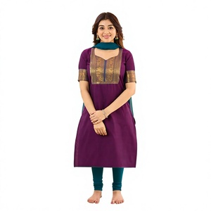 Maroon Cotton <b>Kurti</b> With Green And Black Dupatta Traditional <b>Indian</b> Pakistani Women's Casual Wear Knee-Length Regular Fit - Product Image 1