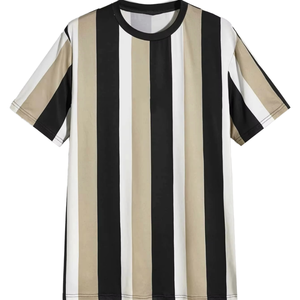 เสื้อยืดแขนสั้นลายทางผู้ชาย คอกลม ทรงปกติ ผ้าทอ สีดำ ขาว เบจ ลายพิมพ์ - Product Image 1