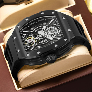 Montre mécanique automatique de luxe pour homme PINDU, cadran squelette, boîtier tonneau, entièrement sertie de diamants, bracelet en silicone, lumineuse - Product Image 2