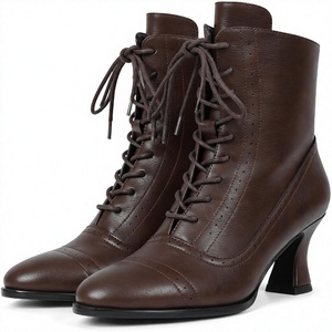 Botines victorianos para mujer, color marrón, con cordones, punta puntiaguda, tacón bajo, cremallera lateral, botines cortos, otoño invierno - Product Image 3