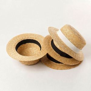 Kids <b>Flat</b> Top Natural Straw <b>Hat</b> Wholesale Skimmer Boater Straw <b>Hat</b> - Product Image 1