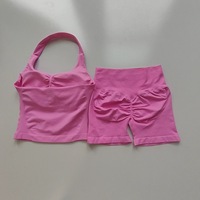 Conjunto de 2 piezas de sujetador deportivo y shorts de yoga de cintura alta color melocotón, con efecto de realce de abdomen y cadera, antichoque y cuello halter