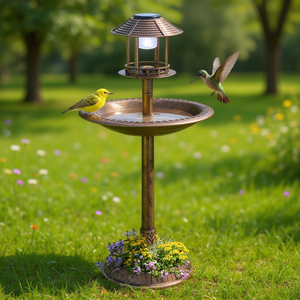 อ่างน้ำนกพลังงานแสงอาทิตย์สีบรอนซ์พร้อมไฟ ขนาด 51x51x106 ซม. สำหรับสวนหลังบ้าน วัสดุพลาสติก ทรงกลม สไตล์ดั้งเดิม สำหรับนกป่า - Product Image 2