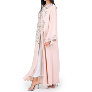LEDUO Elegant Dusty <b>Pink</b> Organza <b>Abaya</b> Robe-Handcrafted Floral Embroidery Beads Crystals Lightweight - Product Image 2