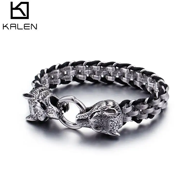 KALEN Stainless steel Leather Animal Wolf Bracelet Silver Bracelet For Men