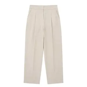 ZATRHMBM Spring Women's Clothing 2024 New Fashion Linen Straight Pants Retro High Waist Zipper Fly Solid Color Trousers