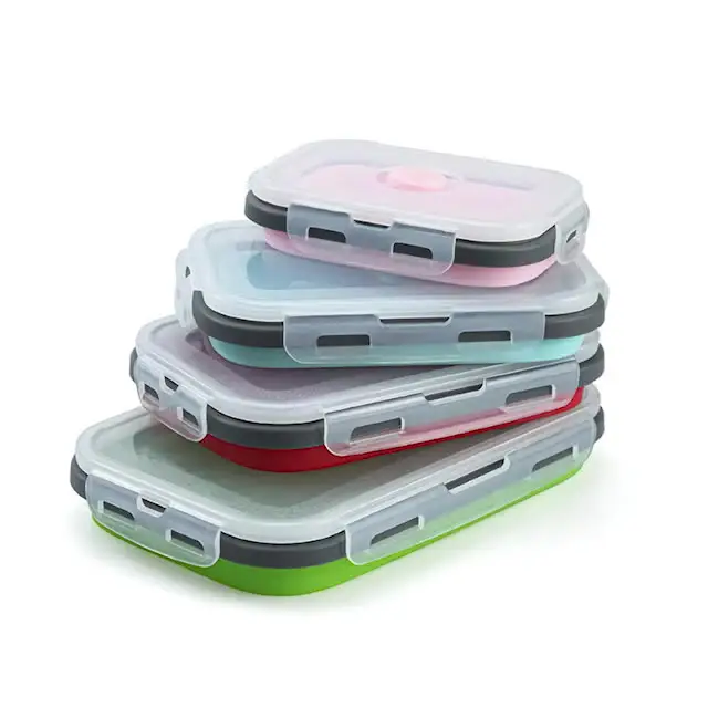 Contenitori per alimenti sicuri per microonde BPA free 4 Pack riutilizzabili a tenuta stagna in Silicone pieghevole Bento Lunch Box premium portatile