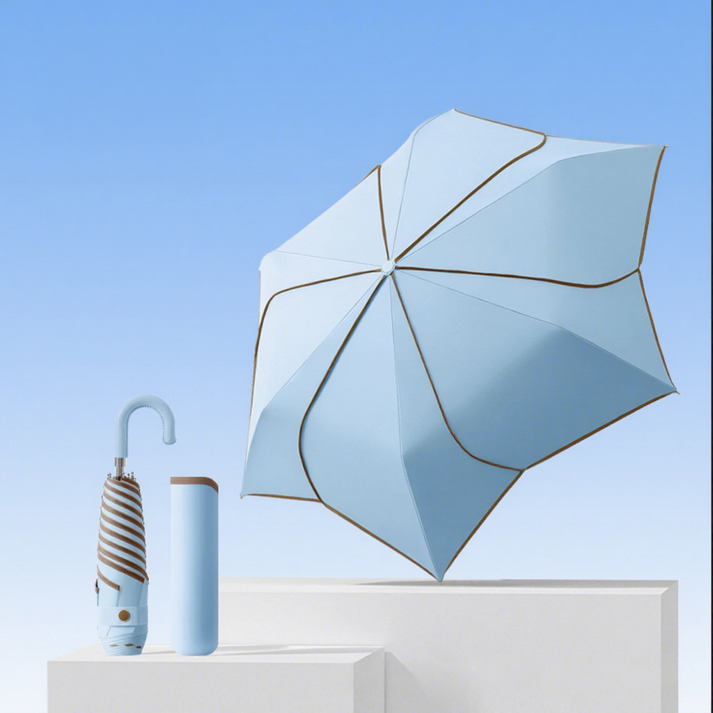 Parapluie à trois pétales à poignée courbée-bleu ciel