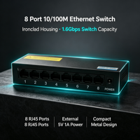 Switch de Red de 8 Puertos 10/100Mbps, Switch Ethernet de Escritorio Metálico de 1.6Gbps, Plug and Play para Hogar, Oficina y Cámara IP