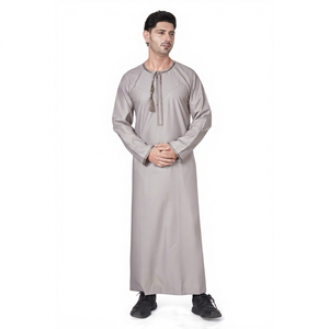 Mens <b>Light</b> Grey Arabic Thobe with Embroidered Round <b>Neck</b> Tassel Detail Long Sleeves Traditional Omani Dishdasha Robe - Product Image 1