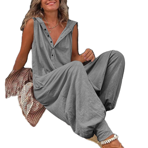 Combinaison en coton mélangé pour femmes sans manches <span class=keywords><strong>couleur</strong></span> unie à capuche combishort fermeture à boutons taille haute coupe ample décontracté respirant pour - Product Image 1