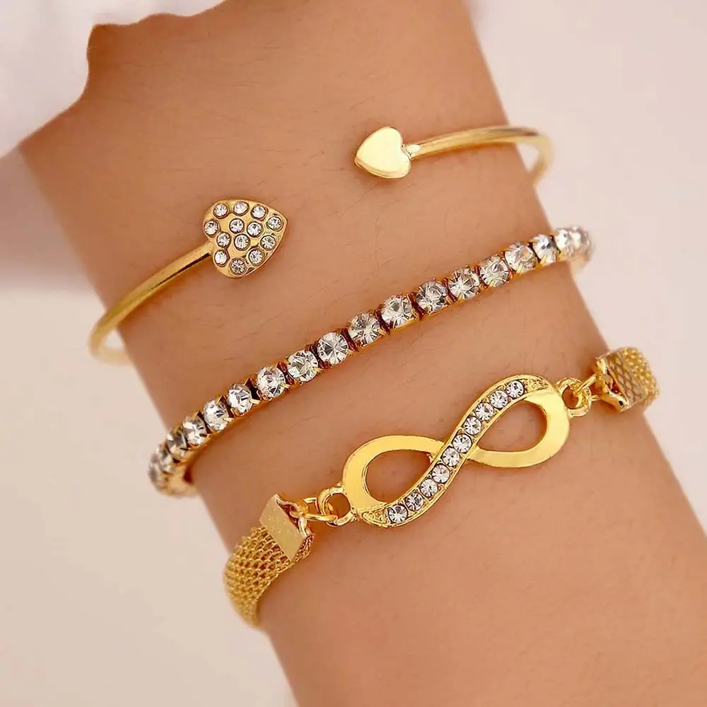 3pcs Fashion Jewelry Bangles Bracelets Set Trendy Rhinestone Crystal Charm 8-Word Infinity Heart Tennis Chain Bracelet pour femme