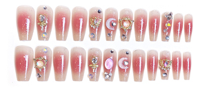 Nuevas <span class=keywords><strong>Uñas</strong></span> Postizas de Plástico para Mujer al por Mayor, Marca Personalizada, Rosadas, 3D, con Corazón, Luna, Mariposa <span class=keywords><strong>y</strong></span> Diamantes de Imitación, Cobertura Completa, 24 Piezas - Product Image 6