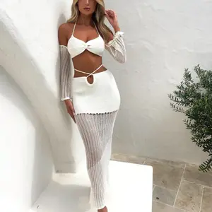 Cổ Twist Phía Trước Crochet Bikini Top Dài Tay Áo Dệt Kim Bơi Bãi Biển Bìa up Dài Váy Đi Biển