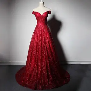 Maroon Royal Blue Gold Elegant Off Shoulder Sequin Shiny Slim Bridal Puffy Long Evening Dresses