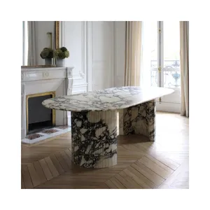 SHIHUI Natural Stone Luxury Dining Room Furniture Oval Tabletop Calacatta Viola Marble Dining Table With Fluted Design Base