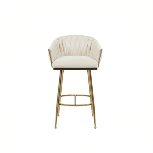 เก้าอี้บาร์ทันสมัยหุ้มกำมะหยี่ ฐานโครเมียมสีทอง พนักพิงโค้งสีเบจ เหมาะสำหรับเคาน์เตอร์ครัวหรือไอส์แลนด์ - Product Image 1