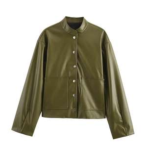 Veste en simili cuir vert olive pour homme, style bomber décontracté, fermeture éclair, coupe slim, streetwear, veste en cuir PU - Product Image 1