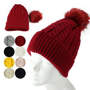 HK41 chapeau tricoté blanc uni Satin doublé manchette de sport d'hiver acrylique <span class=keywords><strong>amovible</strong></span> <span class=keywords><strong>pompon</strong></span> toque <span class=keywords><strong>bonnet</strong></span> <span class=keywords><strong>bonnet</strong></span> en tricot pour femme - Product Image 2