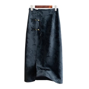 Women's Jacquard Midi Skirt High Waist Beaded Button Slit Bodycon Retro Chinese Style Satin Fabric - Product Image 5