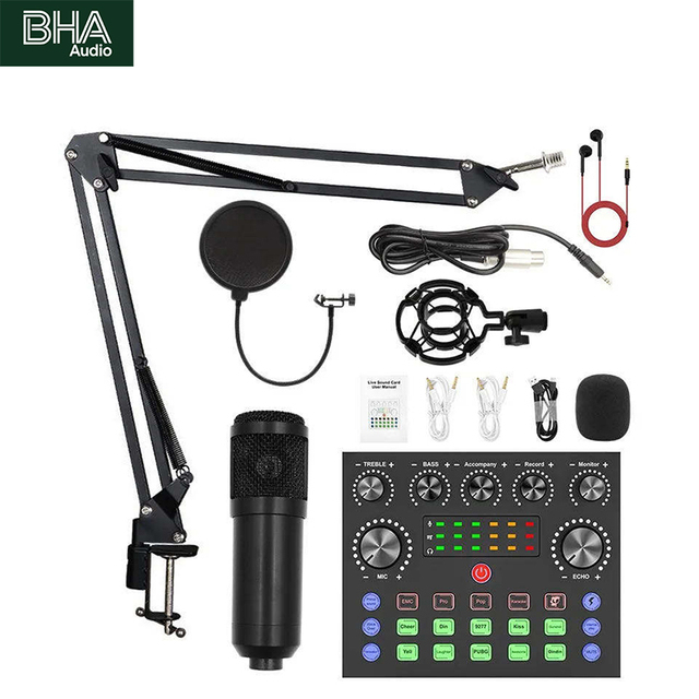 BHA BM800 +V8S Live Broadcast Condenser Microphone Wired Sound Card Anchor Computer Recording Bracket XLR for Mobile Phone OEM