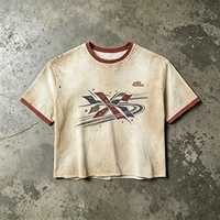 T-shirt Homme Dirty Spray Streetwear X Star Flag Print Col Ringer Vintage Coton Manches Courtes Haut Mode Urbaine Marque Vêtements