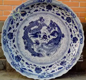 3 pés Big China pintados à mão dragão azul e branco porcelana placas para o hotel/governo/decoração home