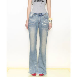 Pantalones Vaqueros Casuales Ajustados de Mezclilla con Lavado Desgastado Retro Personalizados, con Cintura Alta y Diseño Vintage - Product Image 1