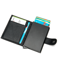 Dompet pria kulit asli, pemblokir RFID Anti magnetik, pemegang kartu kredit ID dengan kancing penutup warna Solid