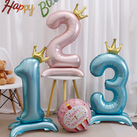 Ballons Chiffres Autoportants de Haute Qualité 32 et 42 Pouces Bleu Perle et Rose avec Ballon Couronne en Aluminium pour Décoration de Fête d'Anniversaire