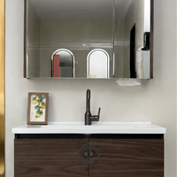 Meuble-lavabo mural en eucalyptus éco-responsable avec comptoir en pierre et miroir, motif floral unique, vente directe d'usine en gros