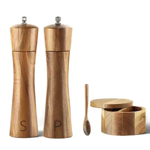 Kitchen gadgets wooden salt box container mill grinder set salt and pepper shaker set acacia wood spice salt pepper mill grinder