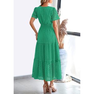 Vestido largo de mujer con manga corta, cuello en V, diseño calado, línea A, cintura elástica, transpirable, informal, para playa o vacaciones - Product Image 2