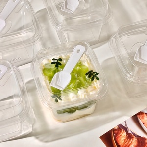 400ml vuông/250ml Vòng rõ ràng Pet nhựa bánh hộp với thìa cấp thực phẩm container cho mousse, bánh <span class=keywords><strong>pudding</strong></span>, pho mát - Product Image 2