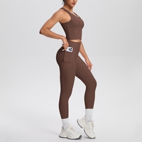 Setelan Yoga Dua Potong Warna Solid Berbahan Brushed Double-sided Breathable dengan Saku, Cocok untuk Olahraga Lari dan Fitness