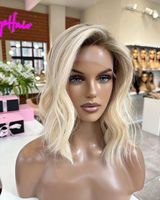 Perruque Bob Blond Platine Cheveux Humains, Perruque Courte Ondulée Sans Colle avec Dentelle HD pour Femmes