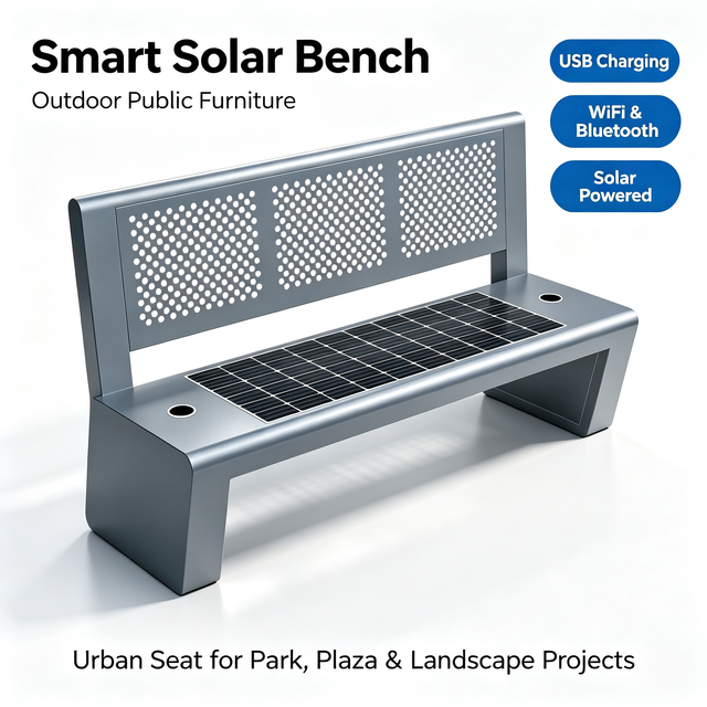 Smart Solar Bench Outdoor Public Furniture Galvanized Steel Seat with USB Charger,Bluetooth Speaker & WiFi for City Park Project