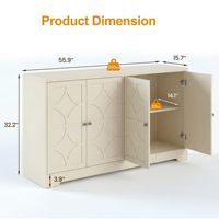 Buffet moderne 56 pouces avec 4 portes sculptées, grande console de bar à café en panneaux de particules, rangement durable et multifonctionnel