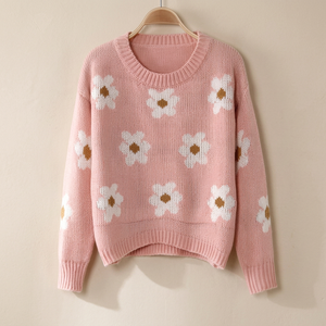 Pull en laine tricoté vintage pour filles Pull long à motifs floraux avec fonction grande taille pour l'hiver - Product Image 3