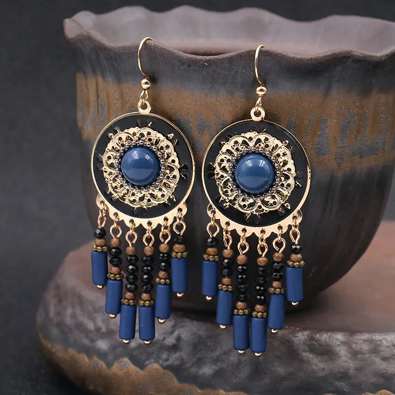 Anting-Anting Manik-manik Biru Bohemian Antik Anting-Anting Macrame Rumbai Logam Bulat Gipsi Turki Etnis untuk Wanita