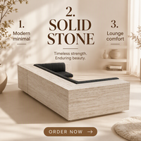 Canapé d'angle en marbre sur mesure, design moderne et écologique, structure beige en pierre, coussins en cuir noir, idéal pour appartement de luxe