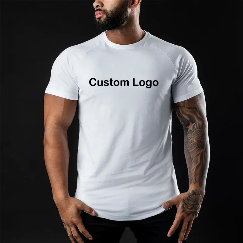 Custom Logo Heren Katoenen Fitness Gym T-Shirt Dragen Sport Training Compressie Actieve Shirts Voor Mannen