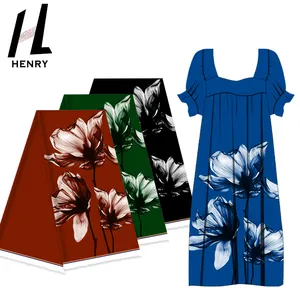Henry Fabric Customization Artistic Style Black Background White Flowers Polyester Printed Fabric For Dress