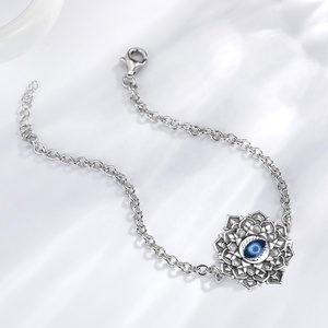 Isunni S925 Sterling Silver Retro Oxydation Design Blue Devil Eye <span class=keywords><strong>Lotus</strong></span> <span class=keywords><strong>Bracelet</strong></span> - Product Image 4
