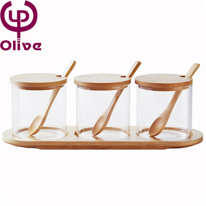 <span class=keywords><strong>Set</strong></span> di vasetti di vetro giapponese con coperchio in legno di bambù accessori per la cucina per la conservazione del succo di condimento di sale e zucchero - Product Image 3
