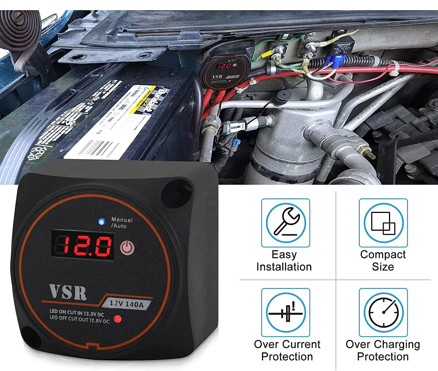 Aislador de batería inteligente con pantalla de voltaje, relé sensible al voltaje (VSR), modo Manual y automático, aislador de batería de cargador automático para camión